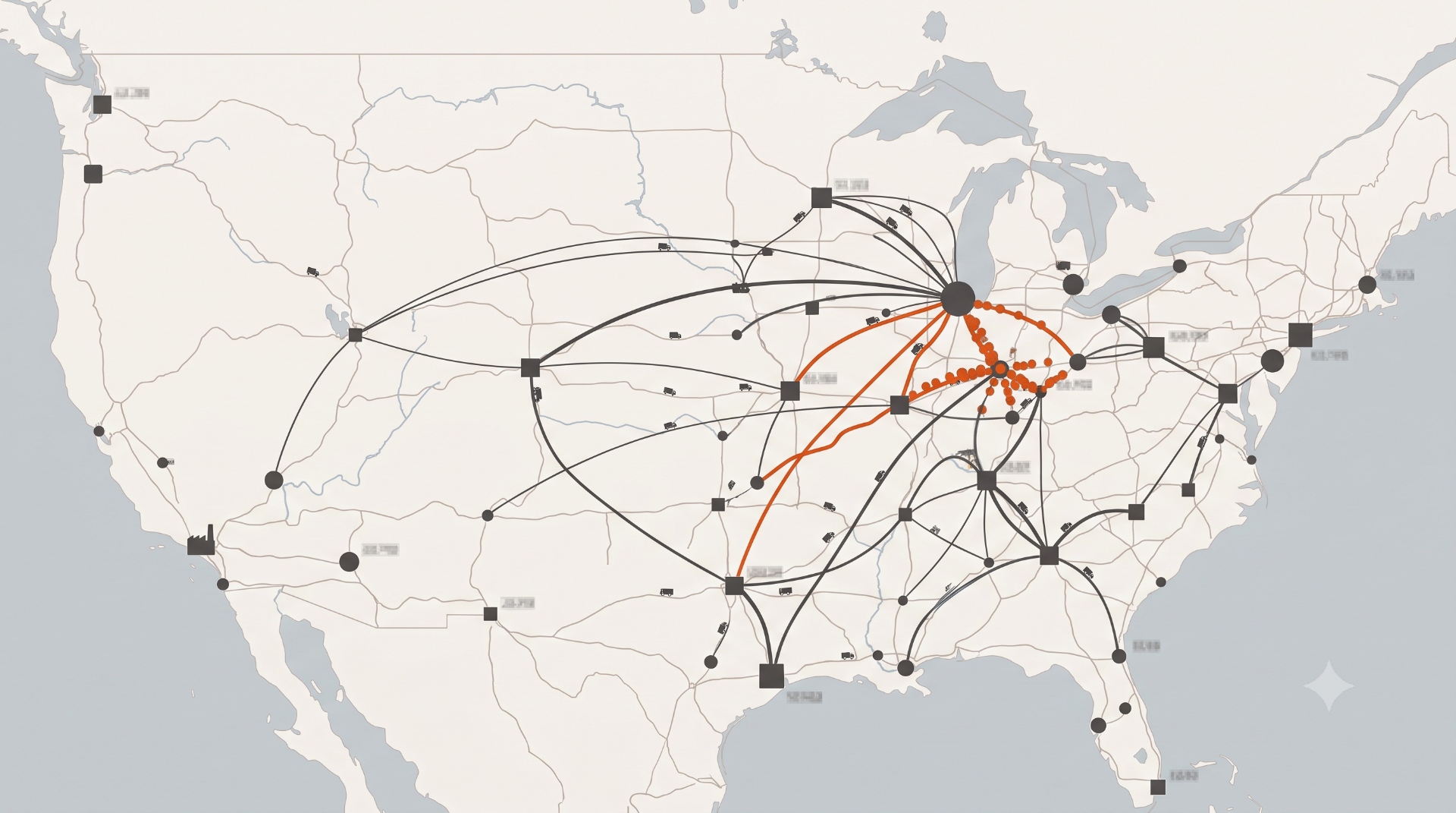 GIS-style supply chain network simulation showing distribution nodes, transport arcs, and an orange congestion cluster